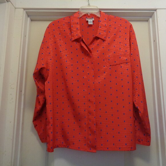 VINTAGE HOT OFFICE SIREN RED W BLUE DOTS SHINEY BLOUSE BY KORET CAREER 16 - Picture 8 of 8